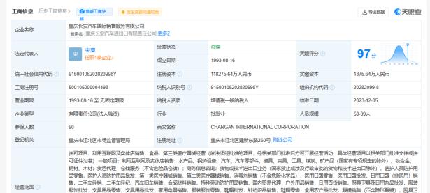 长安汽车国际销售公司增资至11.8亿